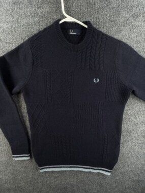 Fred Perry Chunky Cable Knit Logo Men Pullover Blue Crew Neck Wool Nylon Knit
